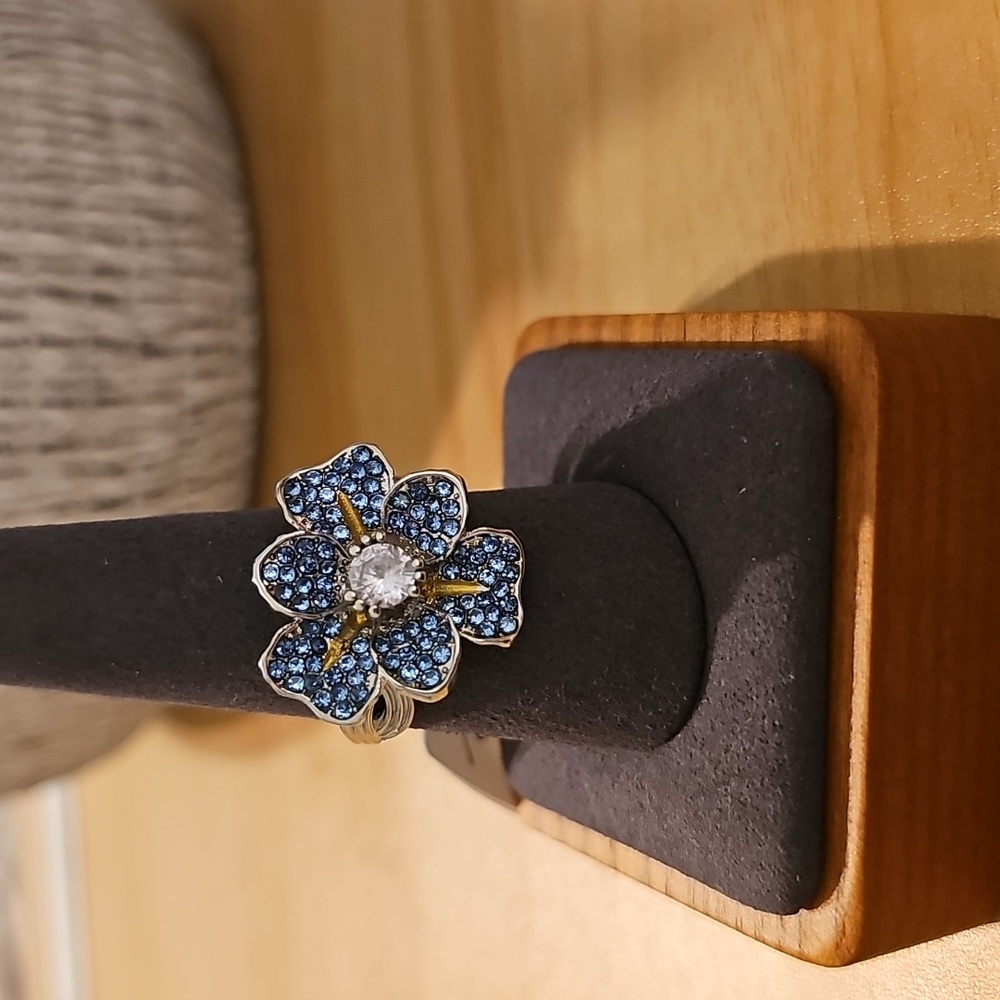 EYE CANDY Blue ZURCONIA  STUDDED  and Gold Floral Ring